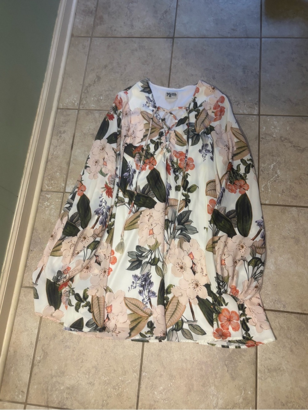 Show Me Your Mumu Floral Lace Up Bell Sleeve Mini Dress Medium Summer Flowy